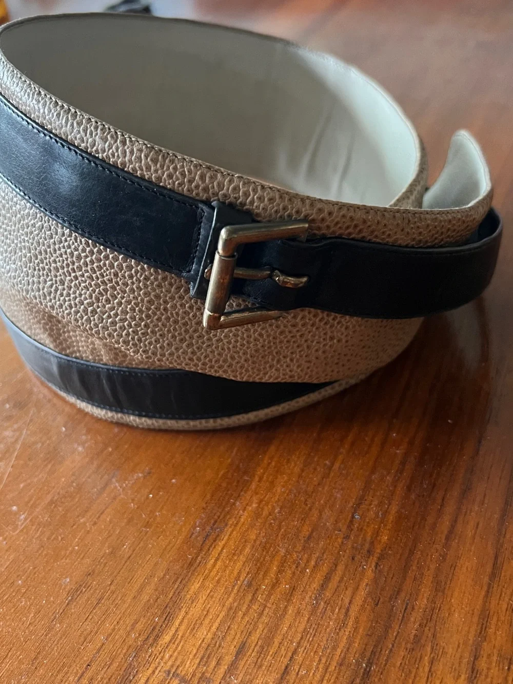 Charles Jourdan Vintage Two-Tone Brown and Black Leather Belt with Brass Buckle
